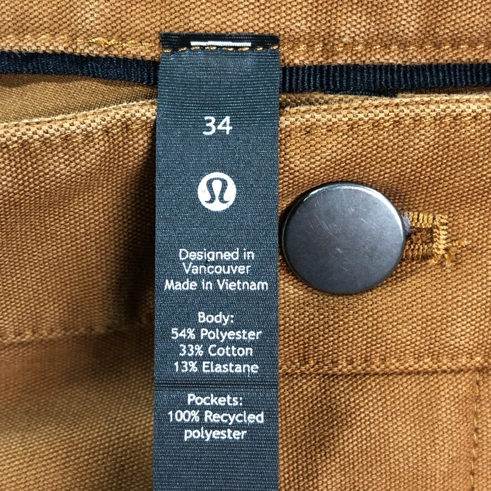Lululemon Mens Canvas Pants 34x34 Brown Chino Slim Leg Stretch Athletic Pocket